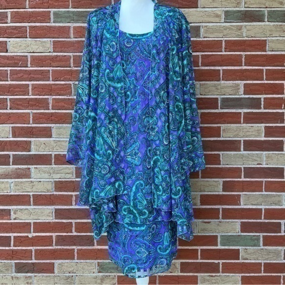 Patra Vintage Two Piece Paisley Purple Green Dress + Sheer Long Sleeve Jacket 👗